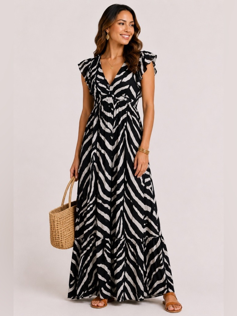Oliphant Maxi Dress S Black White Animal Stripe Sleeveless Flowy Resortwear Chic